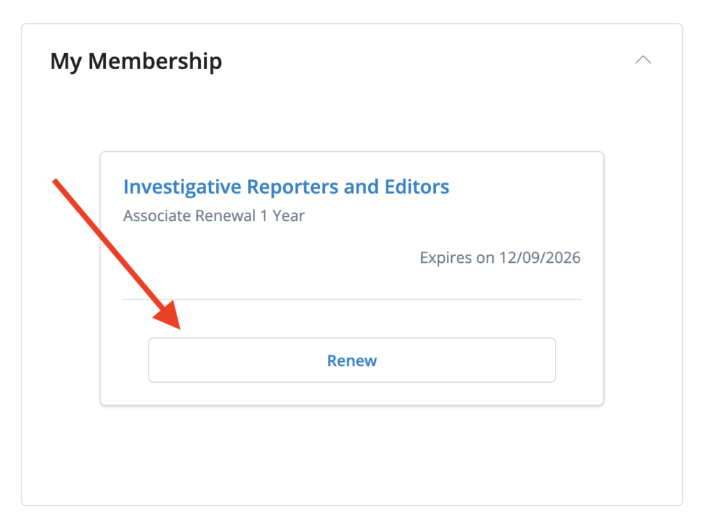 A screenshot of the IRE member dashboard showing the screen that allows members to renew their membership.